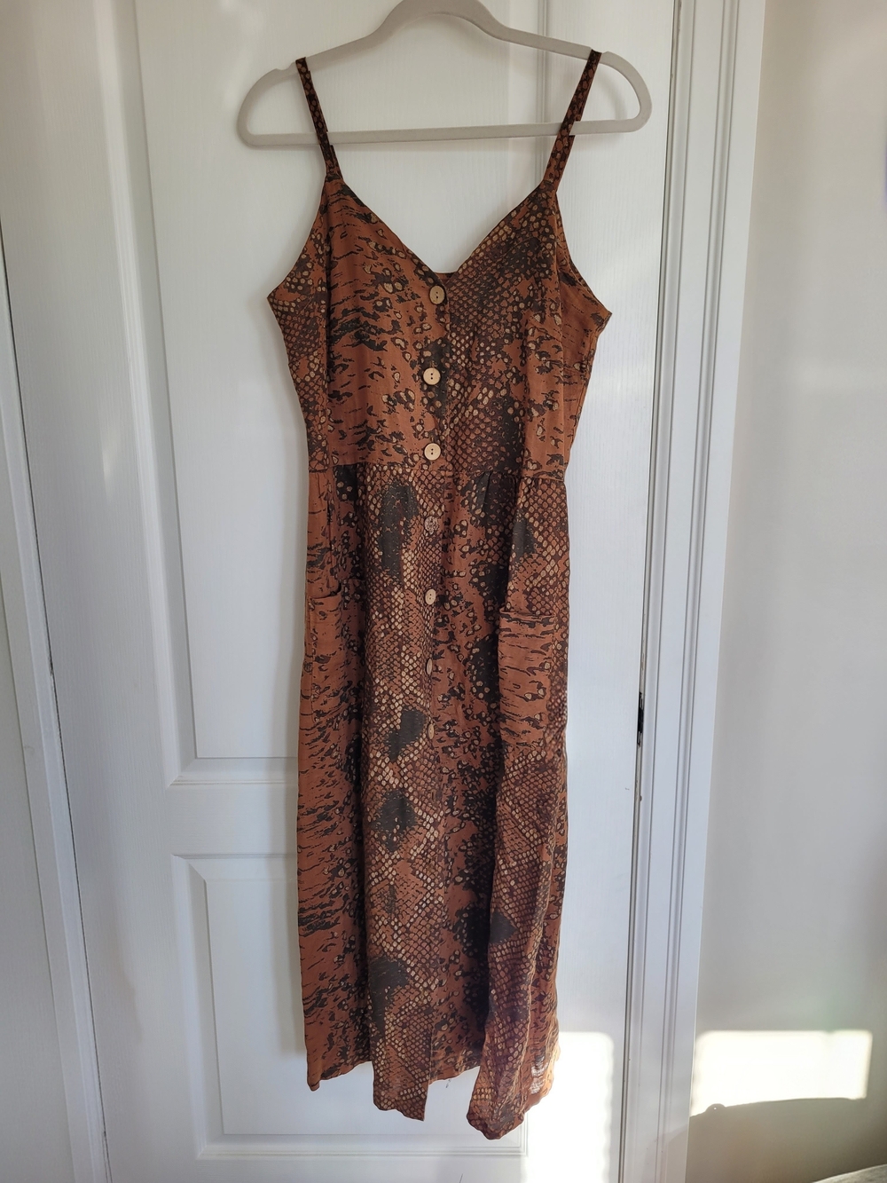 Brown Snake-Print Button-Front Midi Dress